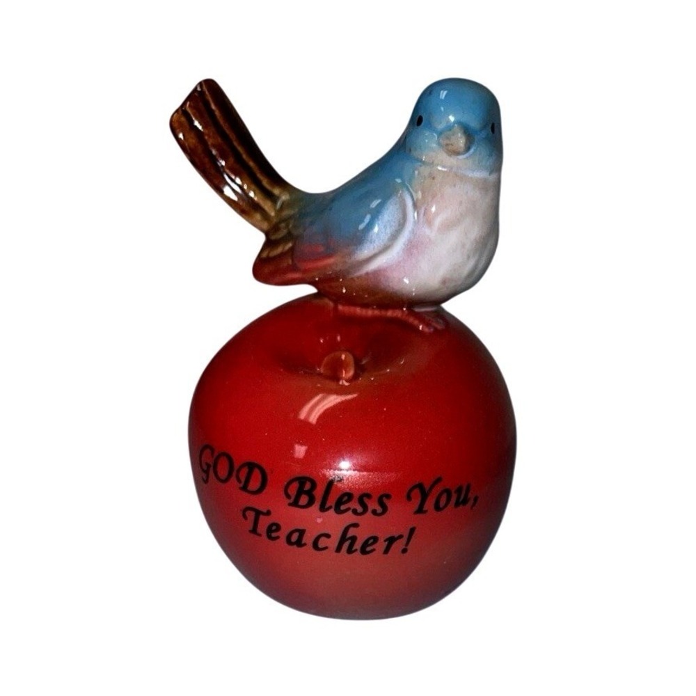 Vintage Ceramic Bird Bluebird On An Apple God Bless You Teacher